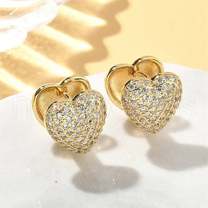 Heart Brass Micro Pave Clear Cubic Zirconia Hoop Earrings EJEW-A132-15G-1