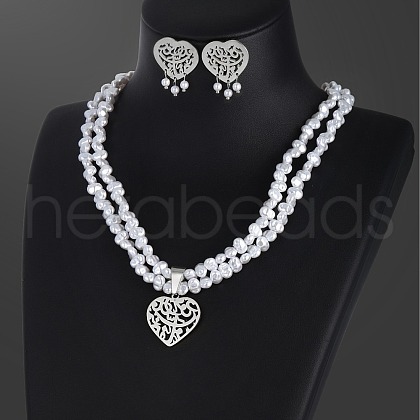 Heart 304 Stainless Steel with Plastic Imitation Pearl Oval Beaded Pendant Necklaces & Stud  Earrings Sets for Women FS-WGFF69E-02-1