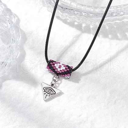 Glass Seed Beaded & Alloy Triangle Evil Eye Pendant Necklaces NJEW-MZ00110-05-1
