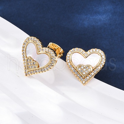 Heart Brass Micro Pave Clear Cubic Zirconia Stud Earrings KK-D363-12A-G-1