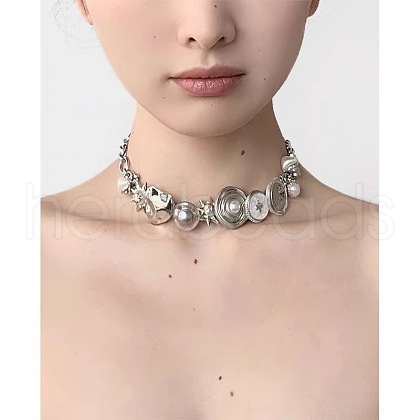 Sun Heat Button Stainless Steel & Acrylic & Plastic Imitation Pearl Choker Necklaces FS-WG98DB1-01-1