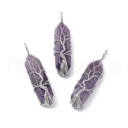 Natural Amethyst Copper Wire Wrapped Pointed Pendants G-F733-05E-1