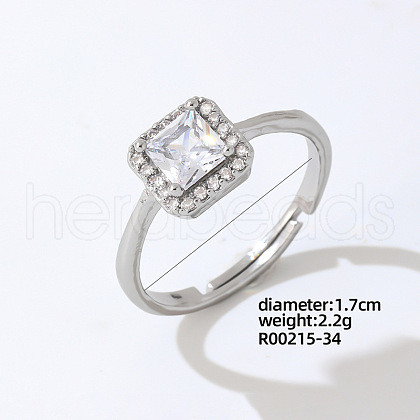 Mother's Day Rings Rectangle Platinum Brass Adjustable Ring with Cubic Zirconia EG7863-28-1