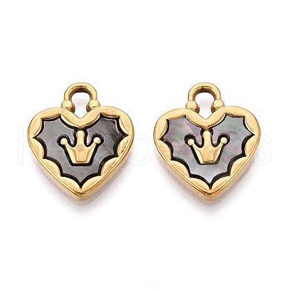 304 Stainless Steel Pave Natural Black Lip Shell Crown Heart Pendants STAS-N110-22B-G-1