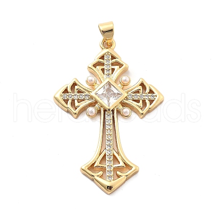 Rack Plating Brass with Cubic Zirconia Pendants and ABS Imitation Pearl KK-Q017-07E-G-1