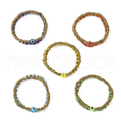 2Pcs 2 Style Glass Seed & Evil Eye Resin Beaded Stretch Bracelets Set for Women BJEW-JB09604-1