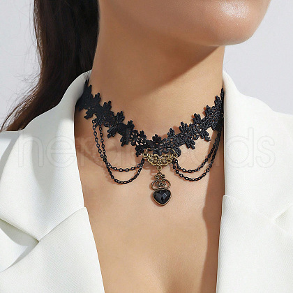 Gothic Alloy Rhinestone Black Lace Heart Choker Necklaces for Women FS-WG02494-04-1