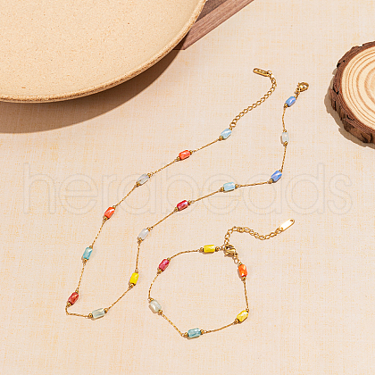 Stainless Steel Glass Rectangle Link Chain Bracelets & Necklaces Set for Women KG0137-1