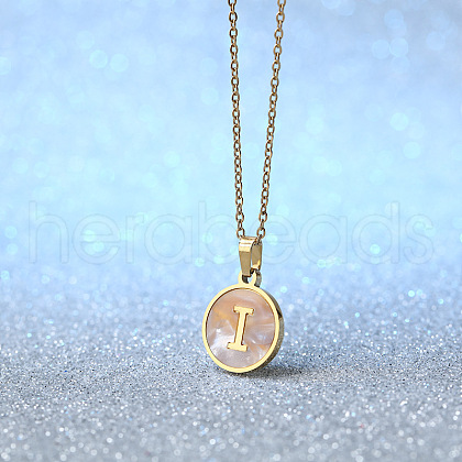 Flat Round Stainless Steel Pave Natural White Shell Initial Pendant Necklaces for Women FS-WG6FA45-09-1