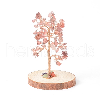 Natural Strawberry Quartz Chips with Brass Wrapped Wire Money Tree on Wood Base Display Decorations DJEW-B007-05E-1