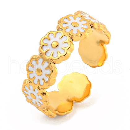 Daisy 304 Stainless Steel Enamel Open Cuff Ring for Women RJEW-Z041-02G-03-1