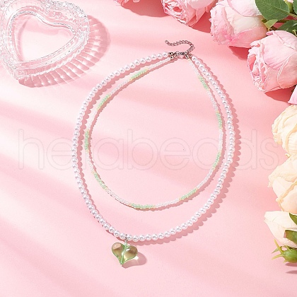 Acrylic Heart Pendant ABS Plastic Imitation Pearl & Glass Seed Beaded Double Layer Necklaces NJEW-JN05290-01-1