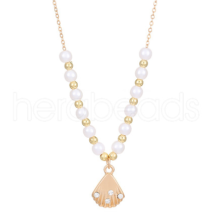 Shell Shape Alloy Crystal Rhinestone Pendant Round Plastic Imitation Pearl Beaded Necklaces for Women FS-WG40A88-10-1