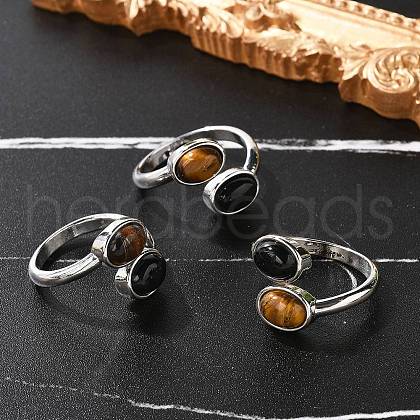 Natural Black Agate & Tiger Eye Finger Rings RJEW-A068-02P-03-1
