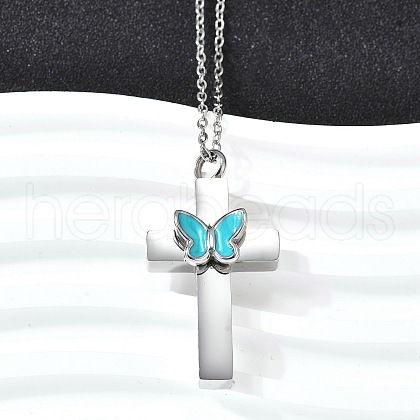 304 Stainless Steel Enamel Butterfly Cross Pendant Urn Ashes Necklaces NJEW-K393-03P-1