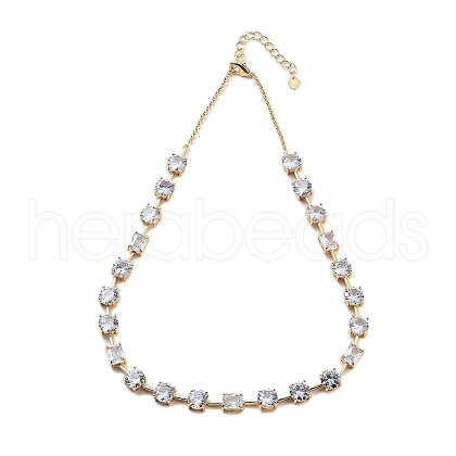 Rack Plating Brass Pave Cubic Zirconia Flat Round & Rectangle Link Necklaces for Women NJEW-B109-01G-02-1