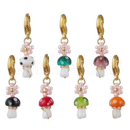 Mushroom Handmade Lampwork & Flower Glass Seed Beads Pendant Decorations HJEW-MZ00216-1