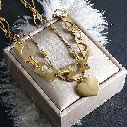 304 Stainless Steel Hollow Heart Pendant Double Layer Necklaces for Women NJEW-F341-01G-1
