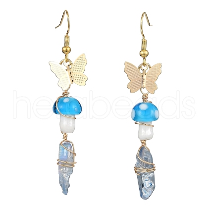 Dyed Natural Quartz Crystal Nugget & Mushroom Lampwork Dangle Earrings EJEW-TA00335-01-1