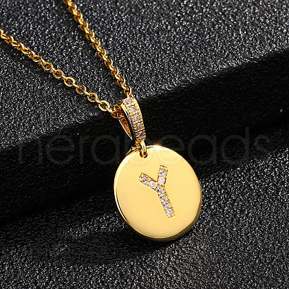 Brass Micro Pave Clear Cubic Zirconia Flat Round with Letter Pendant Necklaces FS-WG00655-25-1
