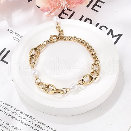 304 Stainless Steel Cable & Cuban Link Chain Bracelets for Women BJEW-C089-07G-1
