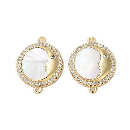 Brass Micro Pave Cubic Zirconia Flat Round with Moon Face Connector Charms KK-U070-07G-1