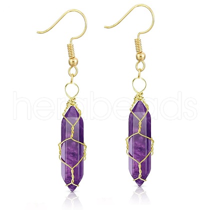 Amethyst Hexagon Handmade Copper Wire Wrapped Earrings Natural Stone Column Earrings ND6138-3-1