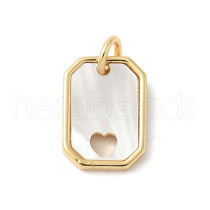 Brass Pave Natural White Shell Hollow Heart Rectangle Charms with Jump Rings KK-S522-16G-1