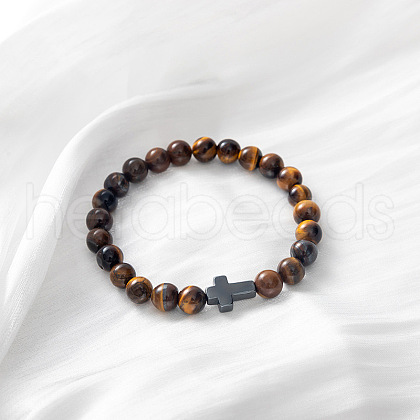 Natural Tiger Eye & Cross Stretch Bracelet TO4713-1-1