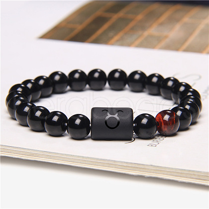 12 Constellations Protetion Tiger Eye & Black Obsidian Round Beads Stretch Bracelets for Men Women WG083ED-04-1