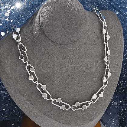 304 Stainless Steel Oval Heart Link Chain Necklaces for Women NJEW-B123-01P-1