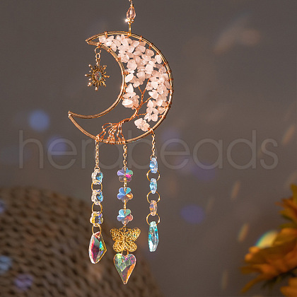 Moon with Tree of Life Natural Rose Quartz Chip Pendant Decorations AJEW-Q143-06-1