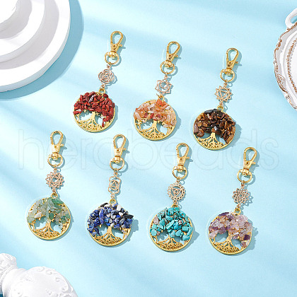 Chakra Natural & Synthetic Gemstone Chips Beads & Alloy Tree of Life Pendant Decorations HJEW-JM03129-1