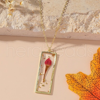 Rectangle with Inner Flower Resin Pendant Iron Cable Chain Necklaces for Women FS-WG0F8F1-07-1
