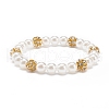 ABS Plastic Pearl & Brass Round Beaded Stretch Bracelet with Clear Rhinestone for Women BJEW-JB08523-01-1
