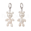 Natural Pearl Bear Dangle Leverback Earrings EJEW-TA00155-1