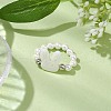 Round Shell Pearl & Brass Beads Stretch Rings RJEW-JR00689-02-2