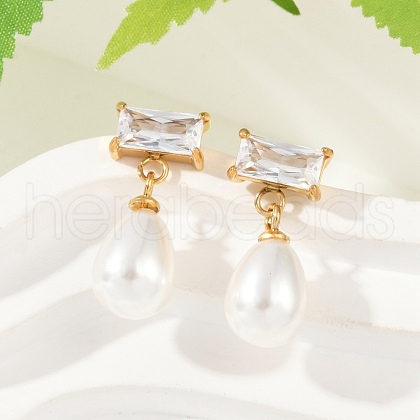 Teardrop with Rectangle 304 Stainless Steel Clear Cubic Zirconia Dangle Stud Earrings EJEW-F366-01G-01-1