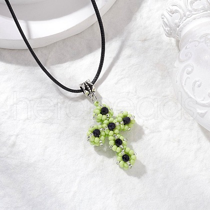Glass Seed Beads & Synthetic Blue Goldstone Beaded Cross Pendant Necklaces NJEW-MZ00103-01-1