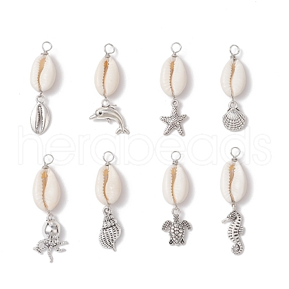 8Pcs 8 Styles Natural Cowrie Shell & Alloy Sea Animals Pendants PALLOY-JF03750-1