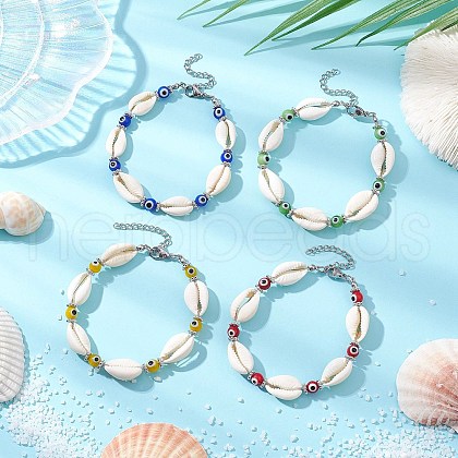 4Pcs 4 Colors Cowrie Shell and Evil Eye Lampwork Bead Bracelets for Women BJEW-TA00591-1