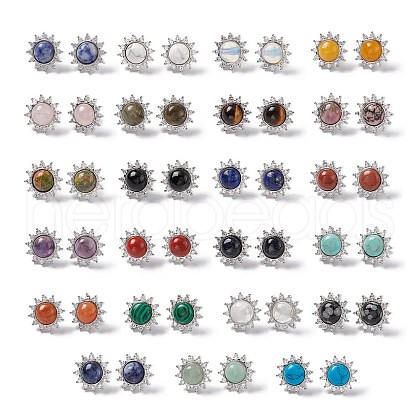 Gemstone Sun Stud Earrings with Cubic Zirconia EJEW-P209-01P-1
