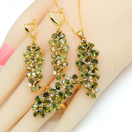 Leaf Brass with Cubic Zirconia Pendant Necklace & Hoop Earring & Ring FS-WG53533-06-1