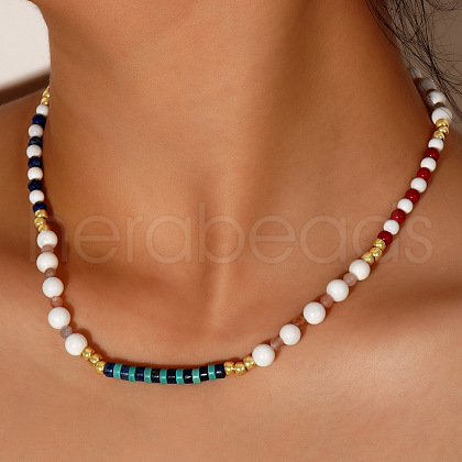 Bohemian Style Natural Lapis Lazuli & Dyed Carnelian & White Jade Round & Disc Beaded Necklaces VO2097-1