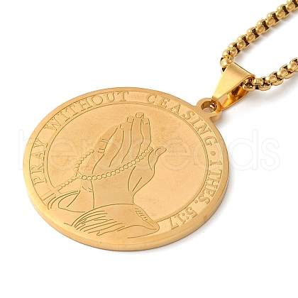 Flat Round with Praying Hands 304 Stainless Steel Pendant Necklaces for Women and Men NJEW-F324-06G-1