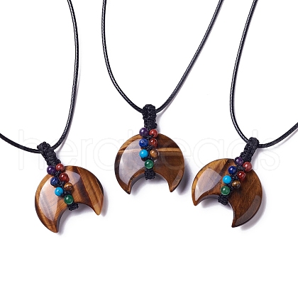 Adjustable Natural Tiger Eye Double Horn Pendant Necklace with Wax Cord for Women NJEW-B086-01E-1