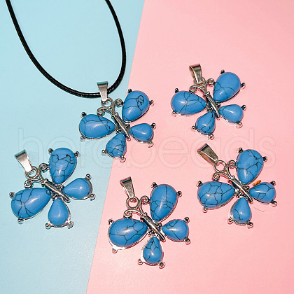 Butterfly Alloy Pave Synthetic Turquoise Pendant Imitation Leather Cord Necklaces FS-WG1163A-10-1