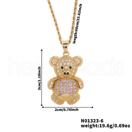 Brass Micro Pave Cubic Zirconia Cute Mini Cartoon Bear Pendant Necklaces for Women OL3242-6-1