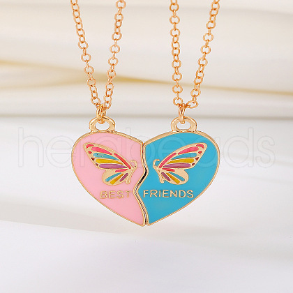 2Pcs Fashionable Alloy Enamel BFF Butterfly Heart Pendant Necklaces for Women FS-WGCCF5D-06-1