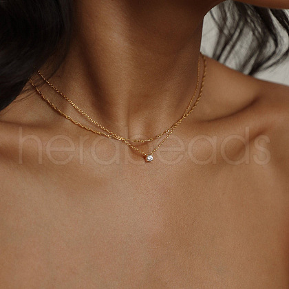 2Pcs Flat Round Brass Micro Pave Clear Cubic Zirconia Double Layer Pendant Necklaces FS-WGF0327-01-1